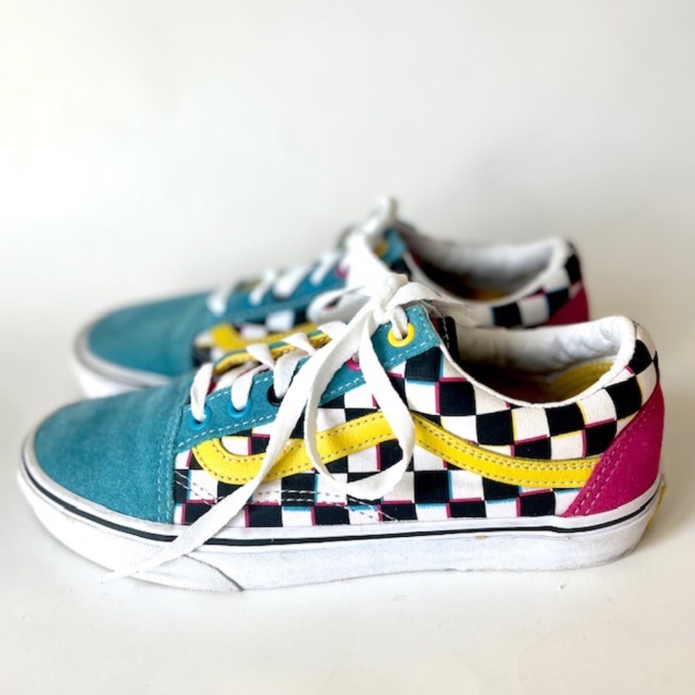 Vans. Blue, Yellow & Magenta  Black & White Checker Old School Sneakers